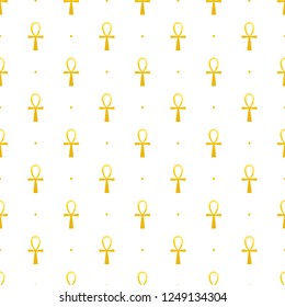 Golden ancient egyptian ankh signs, symbols and dots seamless pattern background.