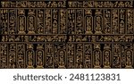 Golden ancient egyptian hieroglyphs alphabet pattern over black background. Ancient egyptian and ancient culture concept