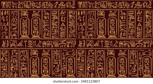 Golden ancient egyptian hieroglyphs alphabet pattern over dark wine background. Ancient egyptian and ancient culture concept