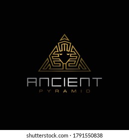 Golden Ancient Egyptian Sphinx Pyramid, Artistic Gold of Egypt King logo design with triangle luxury line pattern logo design