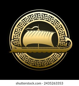 Golden Ancient Greek Galley in Meandre Circle Isolated on Black Background vector illustration. No AI was used.