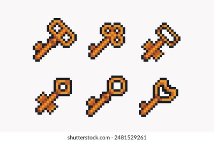 Golden ancient keys pixel art set. Antique key silhouette collection. 8 bit. Game development, mobile app. Isolated vector illustration