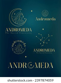 Andromeda dorada. Concepto de logotipo estelar Star. Logo de constelación.
La feminidad minimalista es limpia y el diseño estelar simple. Gráfico vectorial.