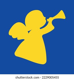 Golden angel child with wings and a horn in his hand plays the good news