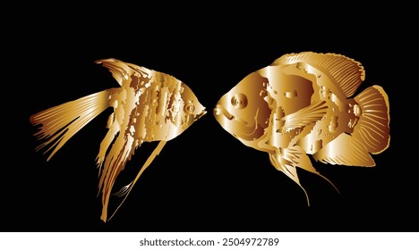 Golden Angel fish kiss Oscar fish vector silhouette illustration isolated. Aquarium animal fish mating, exotic under water world. Coral reef Pisces. Shape couple in love kissing shadow. Gold fish.