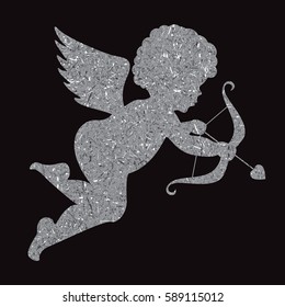 Golden angel silhouette on black background. Cupid.