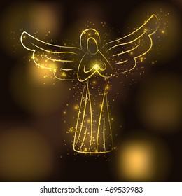 Golden angel silhouette on brown glowing gold background. Angel with shining sun or star in his hands. Angel surrounded by glittering stars, gold particles