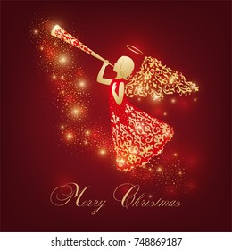 Golden Angel silhouette with ornamental wings and nimbus. Beautiful praying angel with trumpet in red ornate robe on a dark red background. Shining card with flares, Glowing blurs and vivid spots.