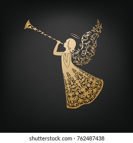 Golden Angel silhouette with ornamental wings and nimbus. Beautiful flying angel with trumpet on a black background. Abstract design. Isolated vector objects.