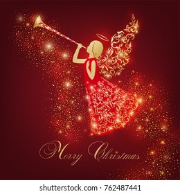 Golden Angel silhouette with ornamental wings and nimbus. Beautiful flying angel with trumpet in red ornate dress on a dark red background. Shining card with flares, Glowing blurs and vivid spots.