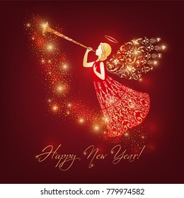 Golden Angel silhouette with ornamental wings and nimbus. Beautiful flying angel with trumpet in red ornate dress on a dark red background. Shining card with flares, Glowing blurs and vivid spots.