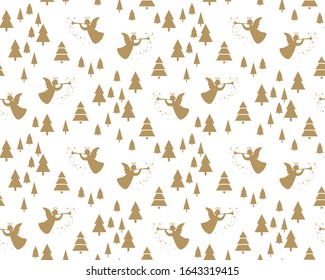 Golden angel with stars isolated on white background. Winter wood seamless pattern. Vector illustration.