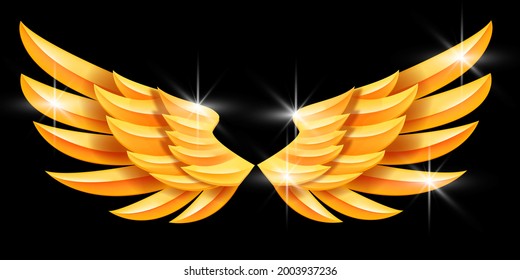 Golden angel vector wings illustration, fantasy eagle metal emblem, luxury abstract success symbol. Freedom geometric phoenix icon, elegant business exclusive label. Golden pair of wings on black