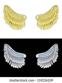 golden angel wings and another dark one in black and white set vector illustration