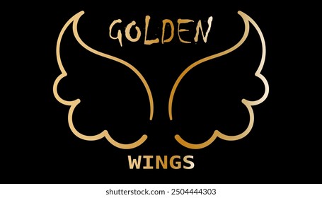 Golden Angel Wings Logo. Goldene Vogelflügel. Abstrakte handgezeichnete Vektorgrafik einzeln auf schwarzem Hintergrund