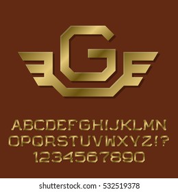 Golden angular letters and numbers with initial monogram with wings. Beautiful presentable font kit for logo design.