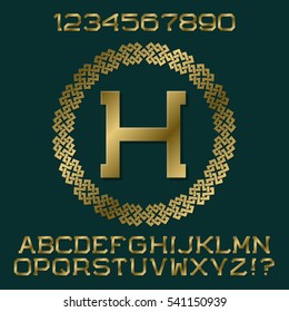 Golden angular letters and numbers with initial monogram in decorative round frame. Beautiful presentable font kit for logo design.