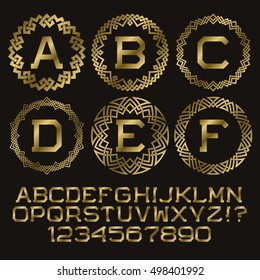 Golden angular monogram kit. Gold letters and round plexus stripes frames for creating initial logo.