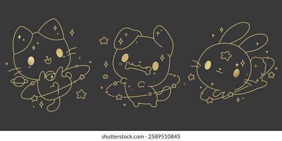 Golden animal set on a black background. Vector magic, mystic  gold cat silhouette with stars, tattoo