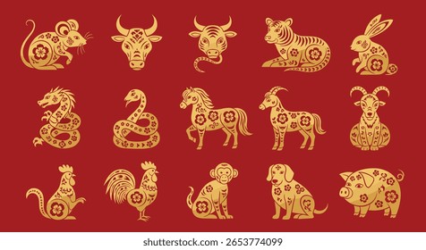 Golden animal zodiac symbols chinese new year celebrations festive cultural traditions artistic illustrations