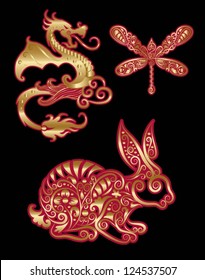 Golden animals ornament. dragon, butterfly, rabbit, with floral decoration.