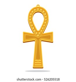 Golden ankh egyptian cross. Life giving object considered as immortality symbol. Eternal life, mythology concept. Antique religious icon. Decorative pendant. Vector illustration