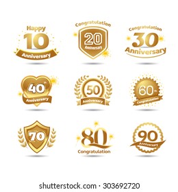 Golden Anniversary happy holiday festive celebration emblems set with ribbons isolated vector illustration. White background version.