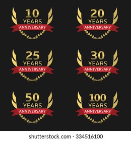 Golden Anniversary label set with red ribbons. Vector illustration