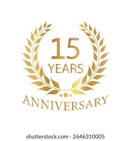 Golden anniversary Laurel Wreath Badge – Vector Icon for Milestone, Celebration and Award Design of 15years.