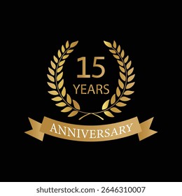 Golden anniversary Laurel Wreath Badge – Vector Icon for Milestone, Celebration and Award Design of 15years.