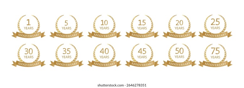 Golden Anniversary Laurel Wreaths Badges Vector Set - Milestone Celebration Emblems.
