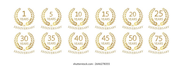 Golden Anniversary Laurel Wreaths Badges Vector Set - Milestone Celebration Emblems.