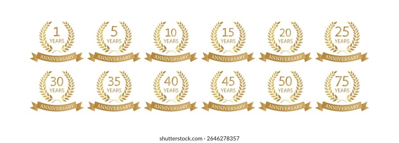 Golden Anniversary Laurel Wreaths Badges Vector Set - Milestone Celebration Emblems.