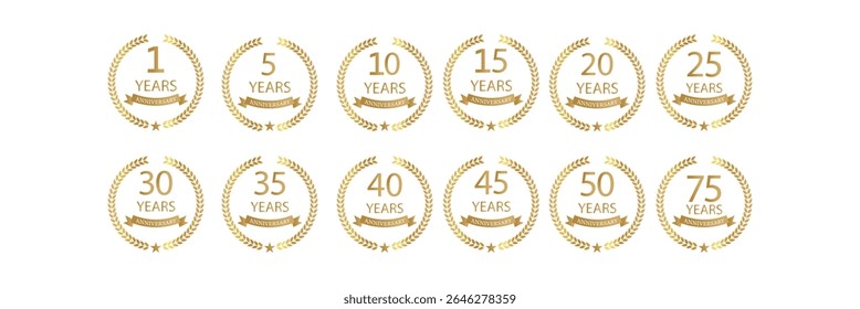 Golden Anniversary Laurel Wreaths Badges Vector Set - Milestone Celebration Emblems.