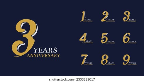 Golden anniversary logo collections. Birthday number for celebration moment with luxury style. 1, 2, 3, 4, 5, 6, 7, 8, 9, years logo set