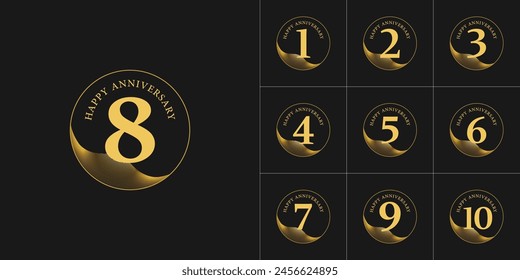 Golden Anniversary logo vector. 1st, 2nd, 3rd, 4th, 5th, 6th, 7th, 8th, 9th and 10th years Illustration set. Ideal for company Anniversary, Industry Events, jubilee, Birthday celebrations, wedding.