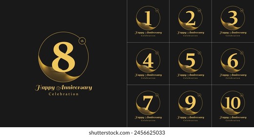 Golden Anniversary logo vector. 1st, 2nd, 3rd, 4th, 5th, 6th, 7th, 8th, 9th and 10th years Illustration set. Ideal for company Anniversary, Industry Events, jubilee, Birthday celebrations, wedding.