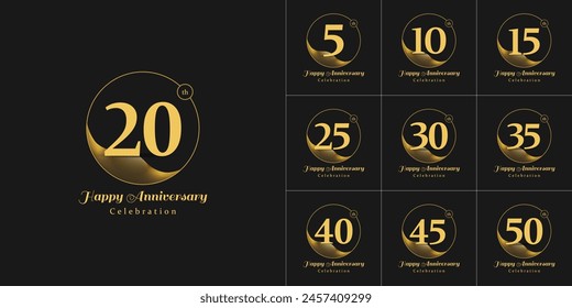 Golden Anniversary logo vector. 5th, 10th,15th, 20th,25th, 30th, 35th, 40th, 45th, 50th years Illustration set. Ideal for company Anniversary, Corporate Events, jubilee, Birthday celebrations, wedding