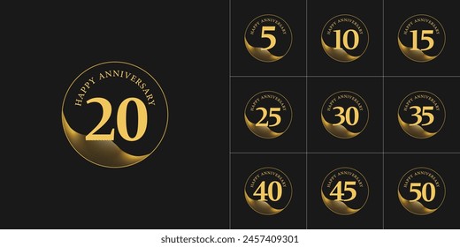 Golden Anniversary logo vector. 5th, 10th,15th, 20th,25th, 30th, 35th, 40th, 45th, 50th years Illustration set. Ideal for company Anniversary, Corporate Events, jubilee, Birthday celebrations, wedding