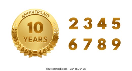 Golden anniversary medal with laurel wreath and 10 Years text. Includes bold gold numbers 2 to 9 for customizing milestone years. Celebration badge. Abstract vector illustration.