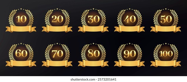 Golden anniversary sign. Celebrate 10, 20, 30, 40, 50, 60, 70, 80, 90, 100 years jubilee with gold laurel wreath and ribbon. Vector numbers set for birthday greeting card