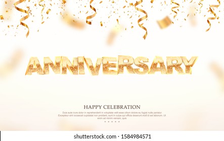 Golden anniversary word 3d vector illustration. Birthday celebration banner template with confetti falling down on white background