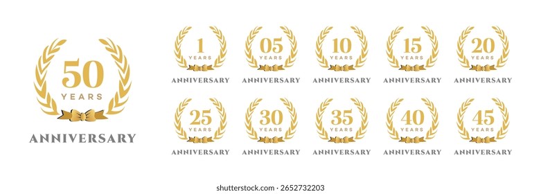 Logotipos de coroa de aniversário de ouro 1, 5, 10, 15, 20, 25, 30, 35, 40, 50 anos