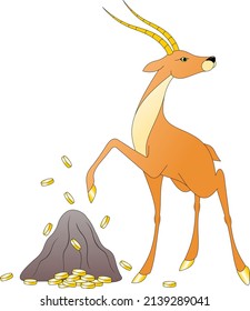 a golden antelope beats a hoof on a stone, knocking out gold coins