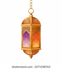 Golden antique Arabic lantern (fanoos) isolated on white. Ramadan décor element. Vector illustration.