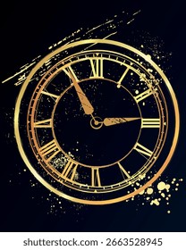 Golden Antique Clock Hand Drawn in Ggrunge Style, Vintage Background, Old, Scratch, Icon,Time, Doodle, Paint Splatter, Ink, Brush, Abstract, Vector