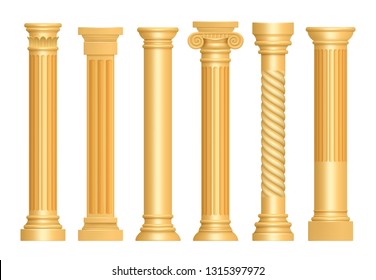 Golden antique column. Classic roman pillars architectural art sculpture pedestal vector realistic