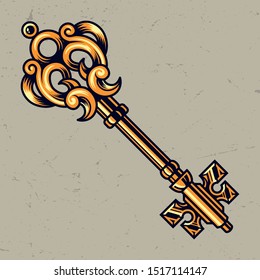 Golden antique elegant key in vintage style on light background isolated vector illustration