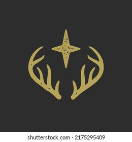 Golden antique horns of wild animal with glowing star decorative design grunge texture vector illustration. Ancient esoteric amulet mythical bohemian aesthetic symbol providence, magic, wisdom