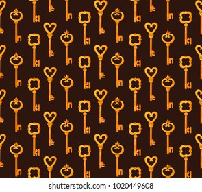 Golden antique keys colorful seamless vector pattern